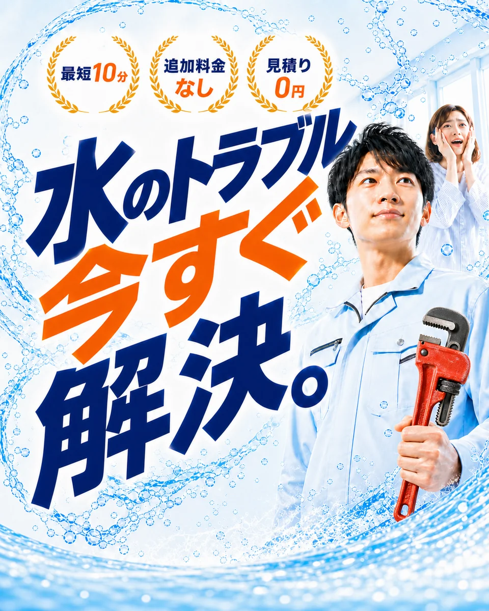 水しぶきの中で工具を持つ水道修理スタッフを大きく配置した、まち水道レスキューのランディングページ。
